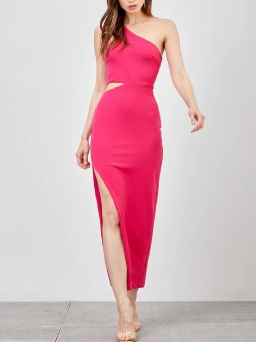 DO+BE Fuscia Pink One-Shoulder Cut-Out High Slit Stretch Asymmetrical Dress